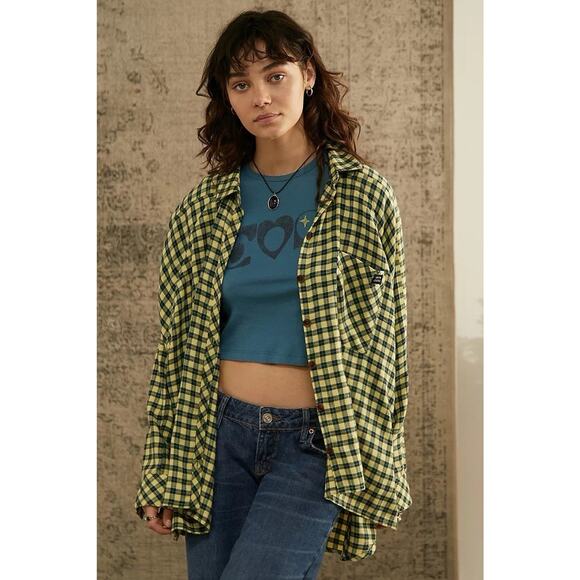 BDG UO L Large Brendan Flannel Shirt Drapey Plaid Oversized Slouchy Grunge Soft - Picture 1 of 15